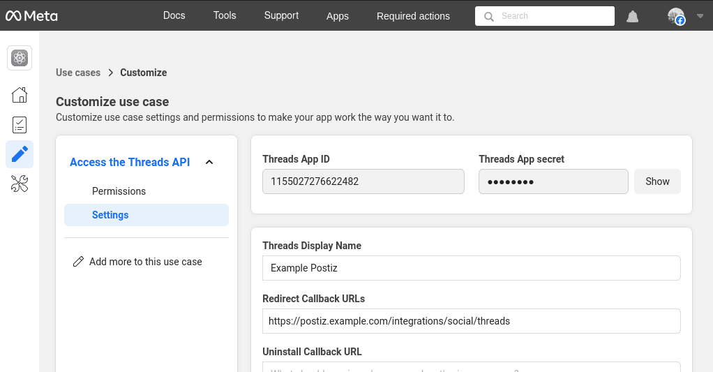 Set threads API settings